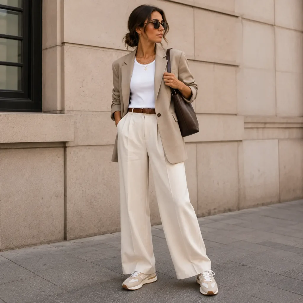 Woman wearing retro runner sneakers with wide-leg trousers and a tailored blazer