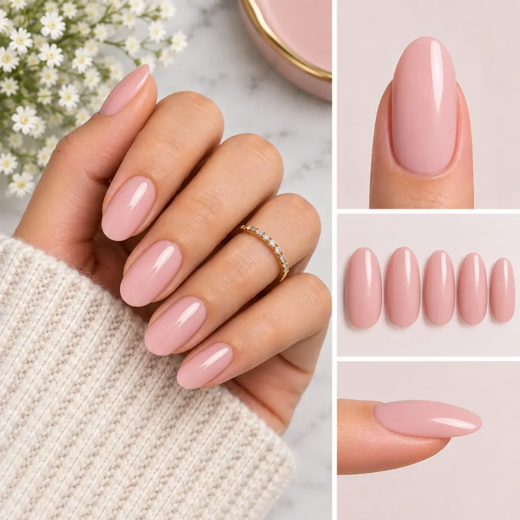 Glossy pink round-shaped nails with softly curved edges