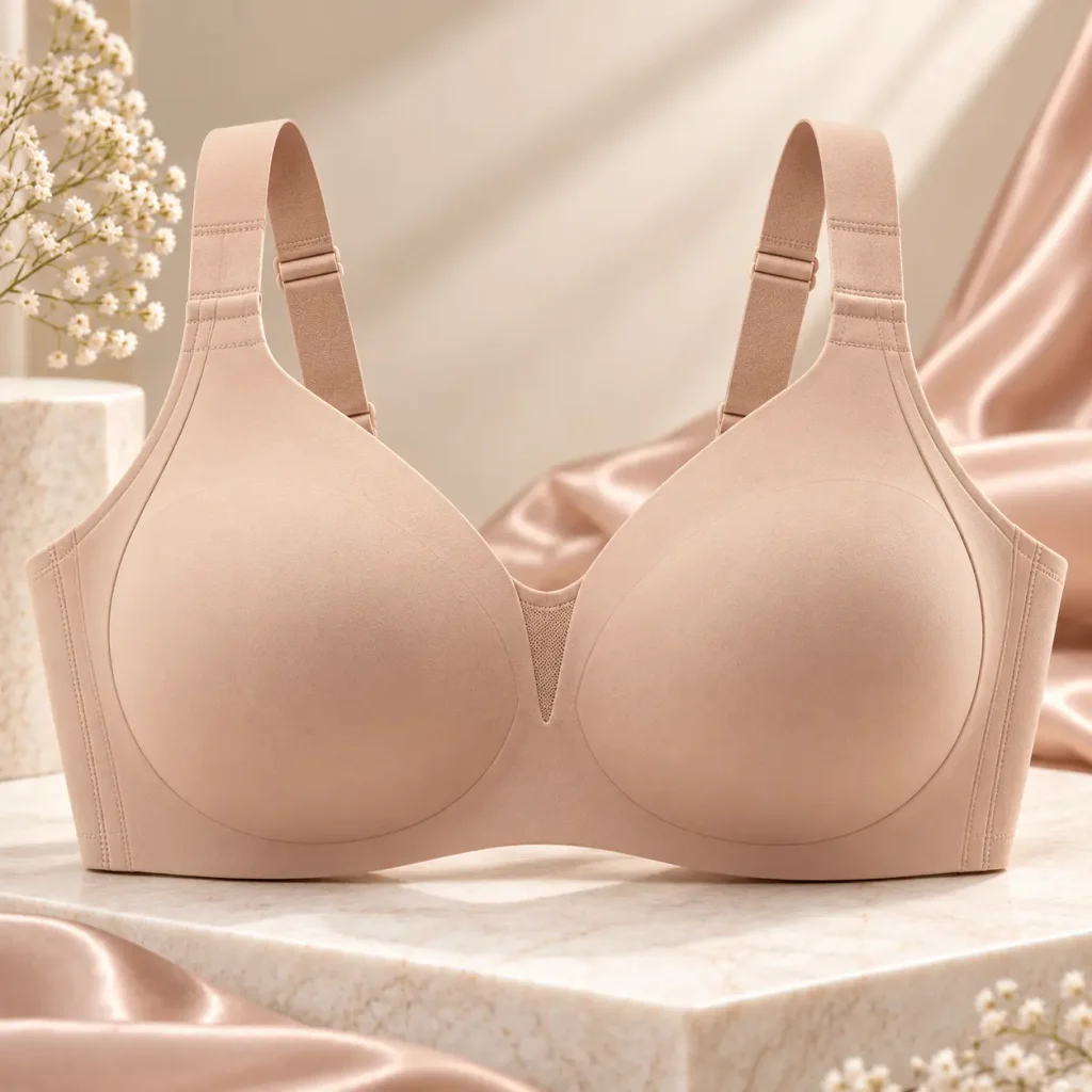 Nude seamless full coverage bra with wide supportive straps