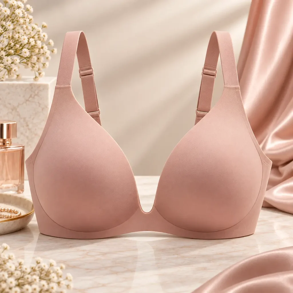 Blush seamless plunge bra with deep V neckline and molded cups