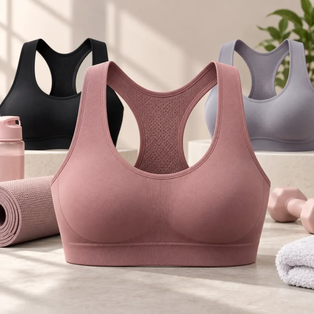 Pink seamless sports bra with racerback design and supportive band