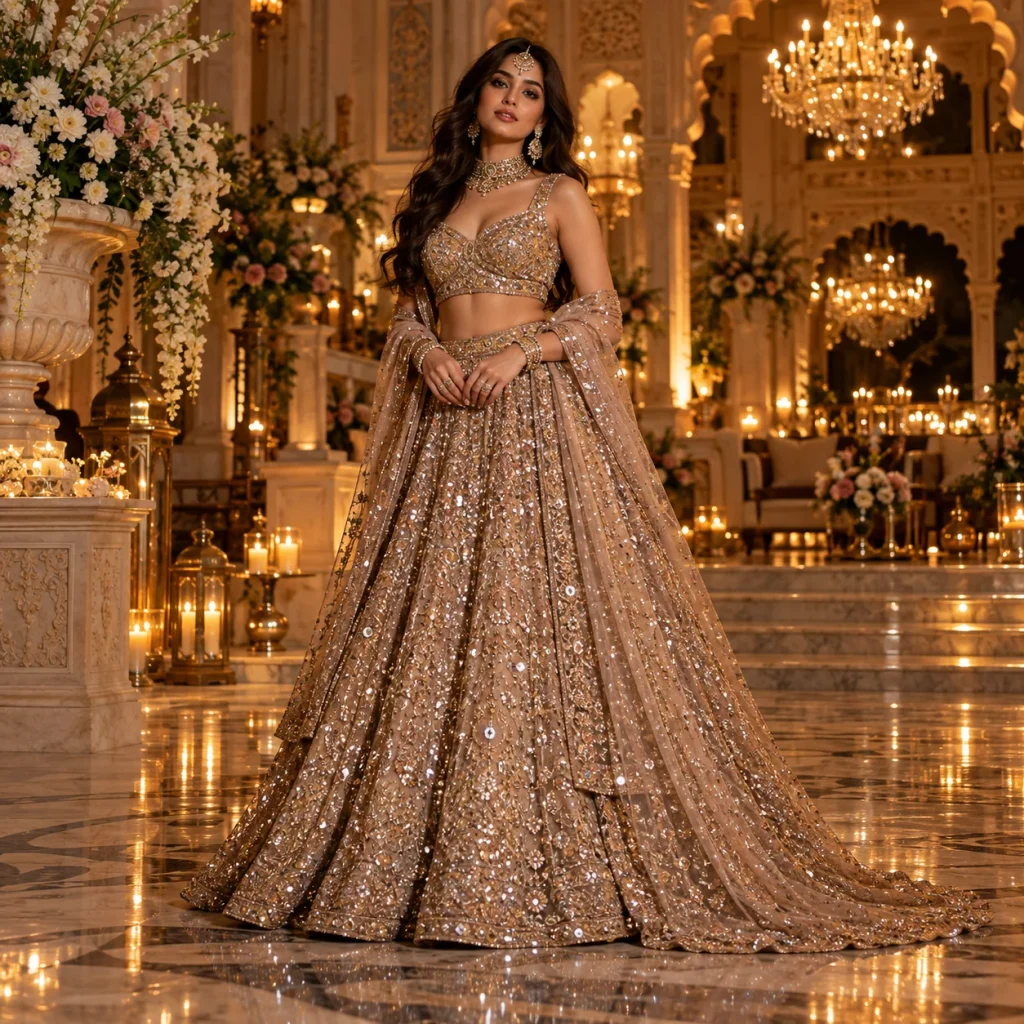 Glamorous sequin reception lehenga with shimmering embroidery for an evening wedding celebration