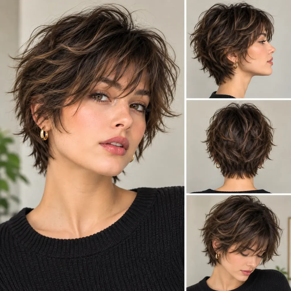 Shaggy bixie haircut with choppy layers, feathered bangs, and tousled texture
