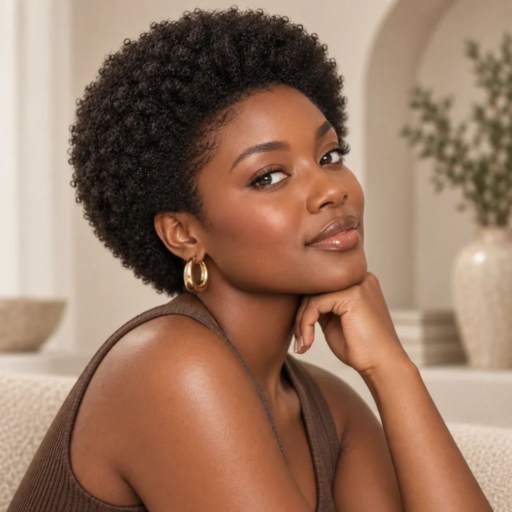 Black woman with a rounded shaped short afro and defined natural curls
