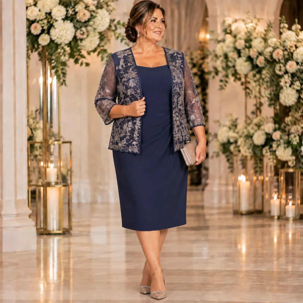 Plus size mother of the bride sheath dress with an elegant statement jacket