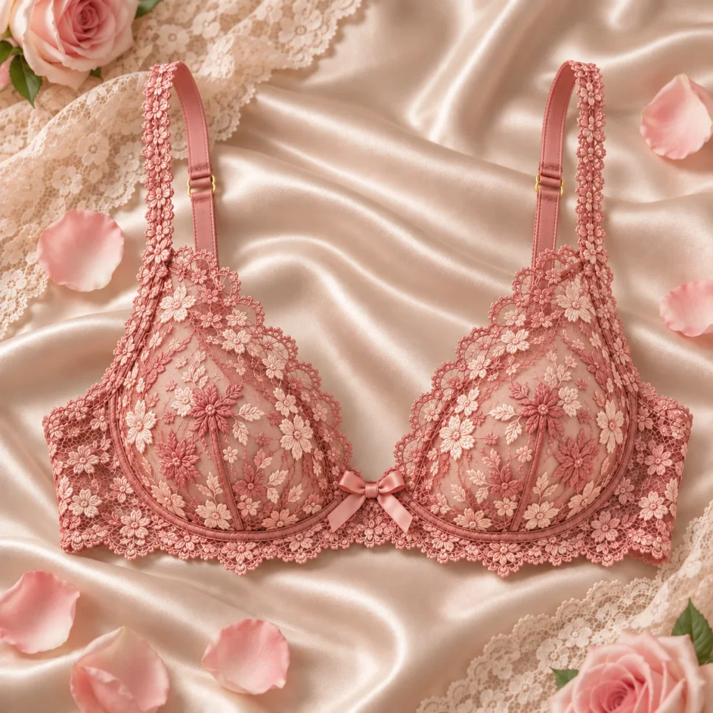 Sheer lace bra with delicate transparent floral patterns and elegant feminine details on a soft satin backdrop.
