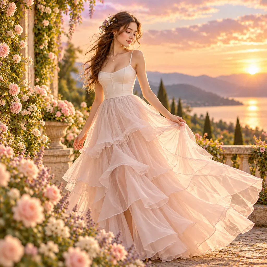 Sheer layered skirt dress with fitted bodice and flowing translucent fabric in an elegant outdoor setting