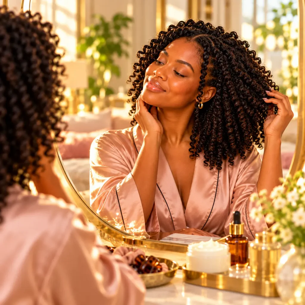 Confident Black woman admiring her natural 4C curls in a mirror and embracing her natural hair texture with self-confidence.