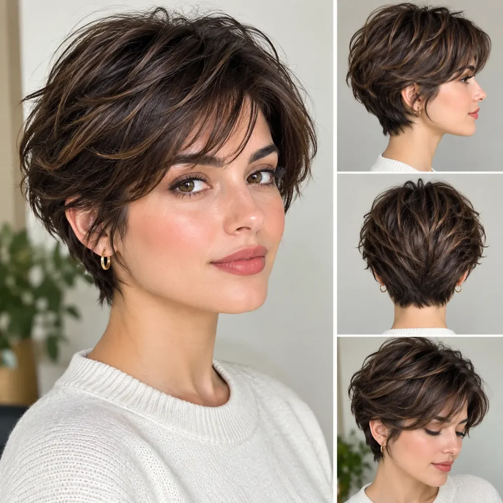 Short bixie haircut with textured layers and tapered back on a woman