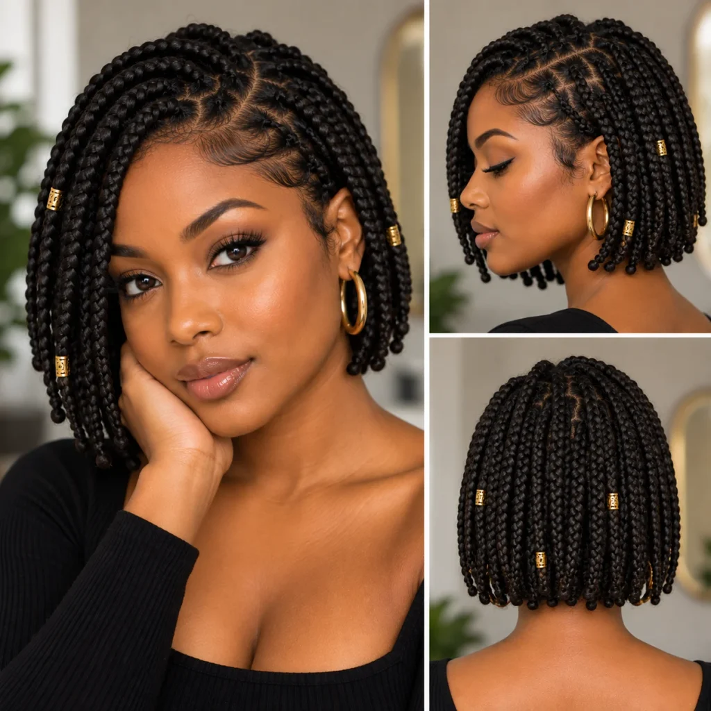 Black woman wearing short box braids styled into a chin-length bob