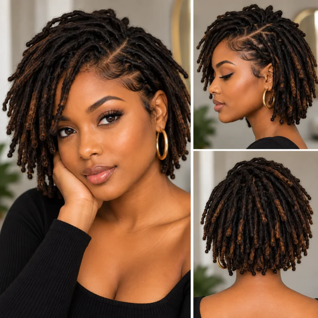 Black woman with stylish short locs in a layered bob hairstyle