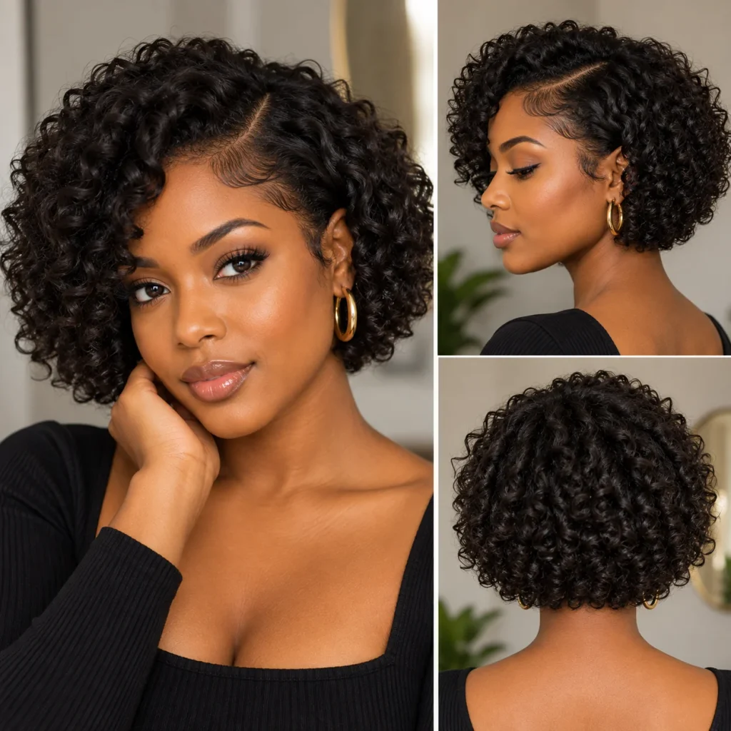 Black woman wearing a short natural curly bob with defined coils