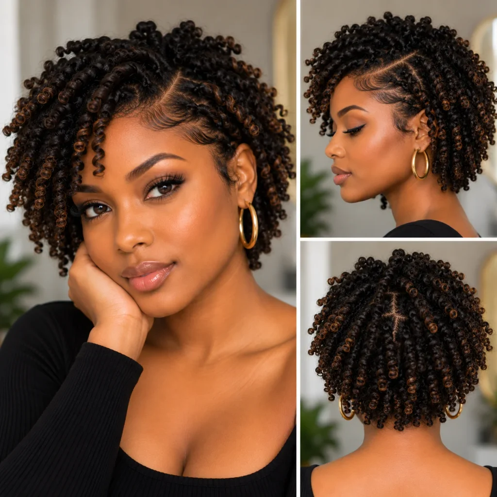 Black woman wearing a short twist-out with soft defined natural curls