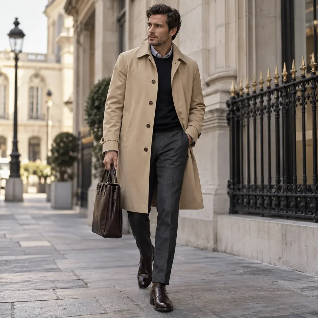 Elegant single-breasted beige trench coat styled with modern menswear on an urban sidewalk