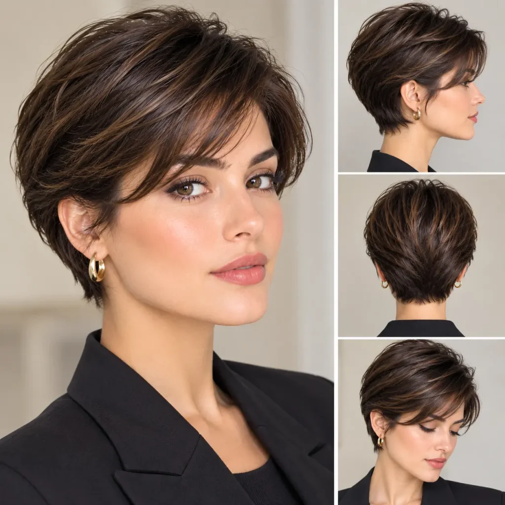 Sleek polished bixie haircut with smooth layered styling and side-swept fringe