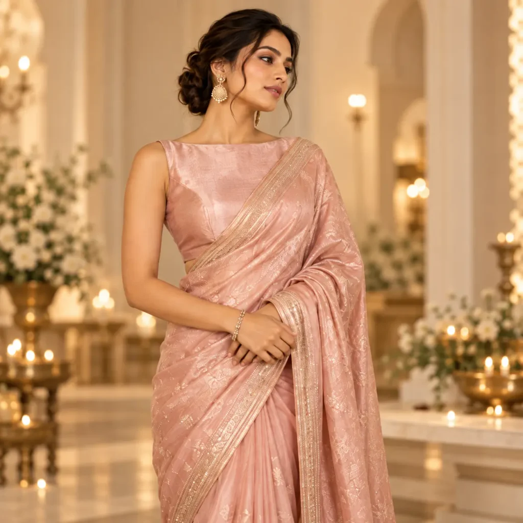 Elegant woman wearing a blush pink saree with a sleeveless boat neck blouse