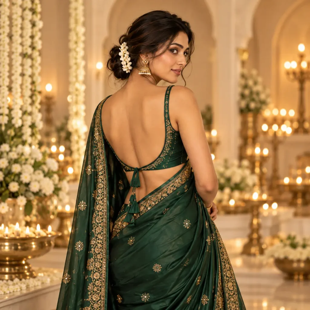 Woman in an emerald green saree wearing a sleeveless deep-back blouse with gold detailing