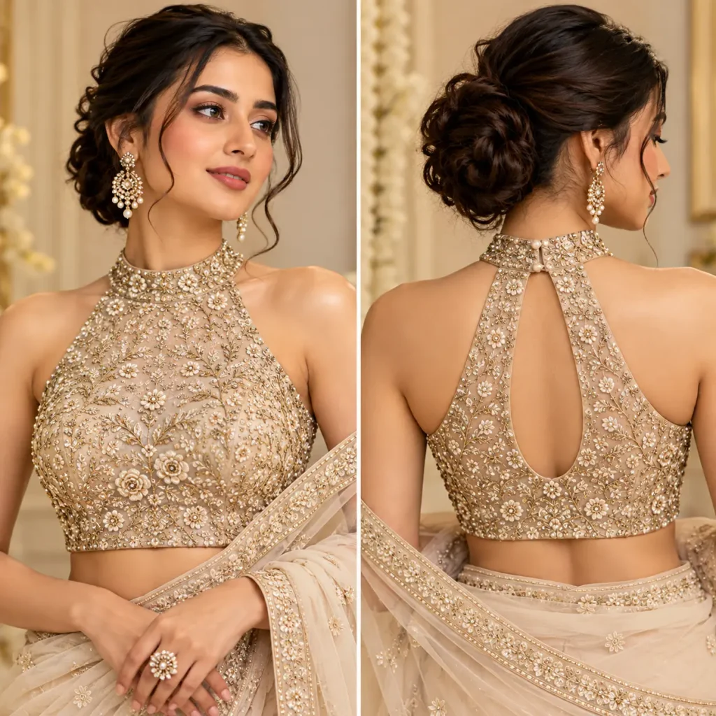 Champagne gold sleeveless halter neck blouse with intricate embroidery and open back design
