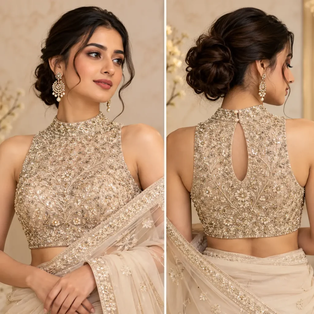 Embellished sleeveless high neck saree blouse shown from front and back