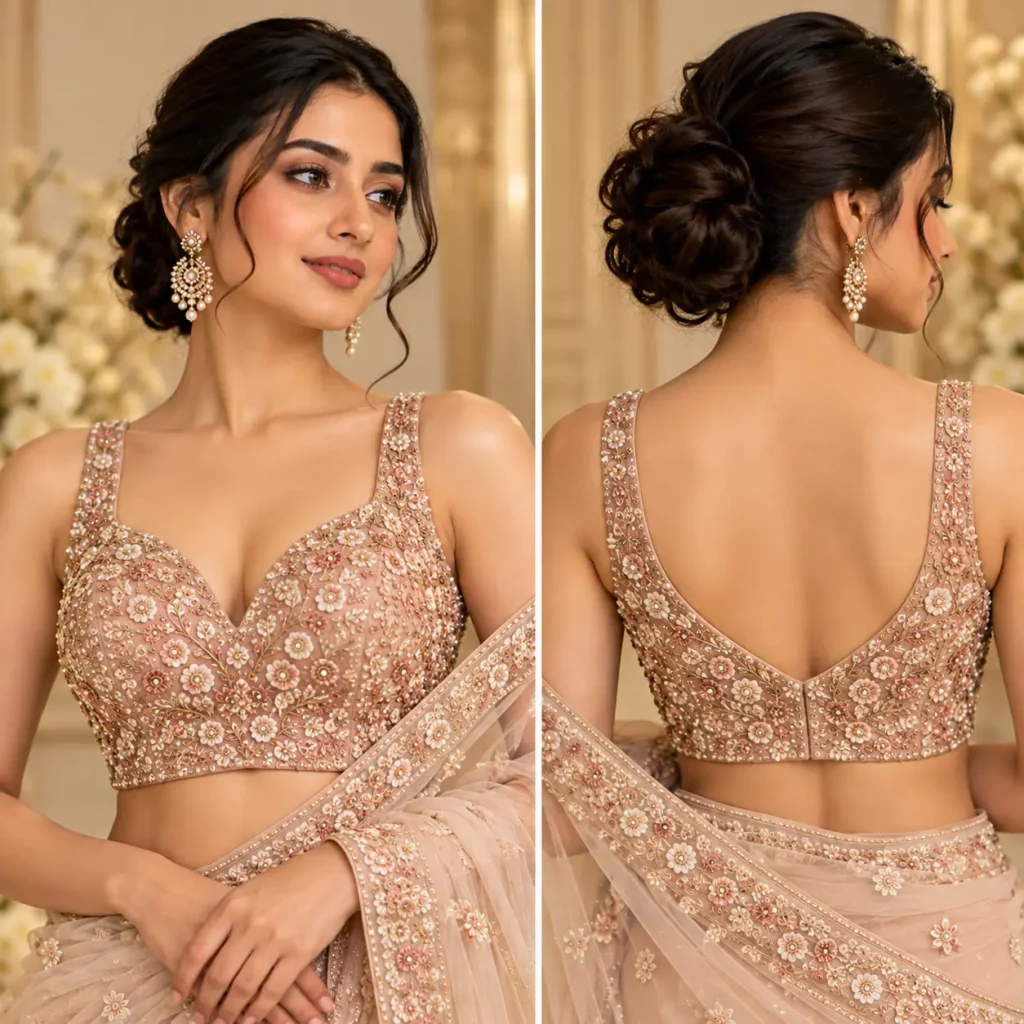 Blush pink sleeveless V-neck sweetheart blouse with floral embroidery shown from front and back