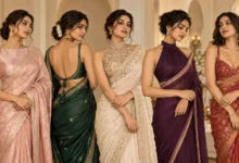 Five elegant sleeveless saree blouse designs styled with traditional sarees for modern festive and wedding looks