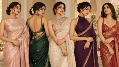 Five elegant sleeveless saree blouse designs styled with traditional sarees for modern festive and wedding looks