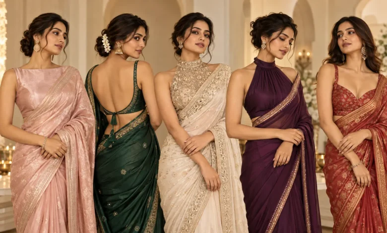 Five elegant sleeveless saree blouse designs styled with traditional sarees for modern festive and wedding looks