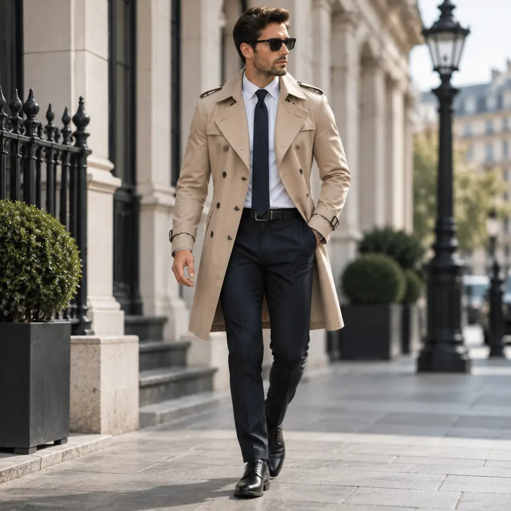 Slim fit beige trench coat with tailored silhouette worn by a man in elegant business fashion