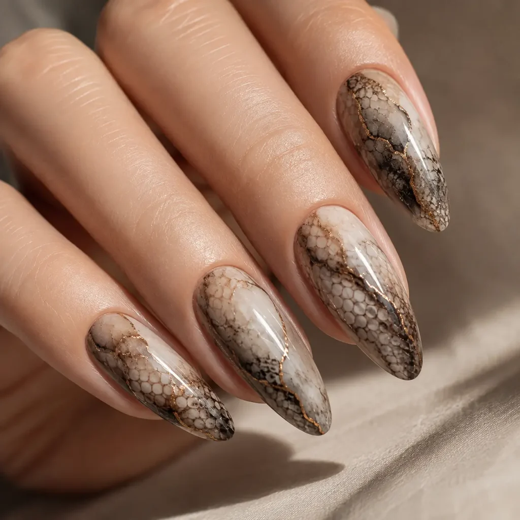 Snake skin blooming gel nails with neutral scale patterns, smoky brown tones, and gold accents