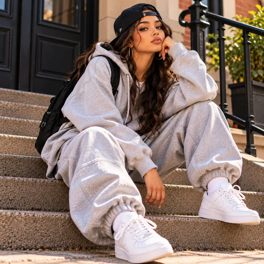 1. Woman wearing a backward snapback, oversized gray hoodie and matching joggers with white sneakers in a casual 90s tomboy outfit.