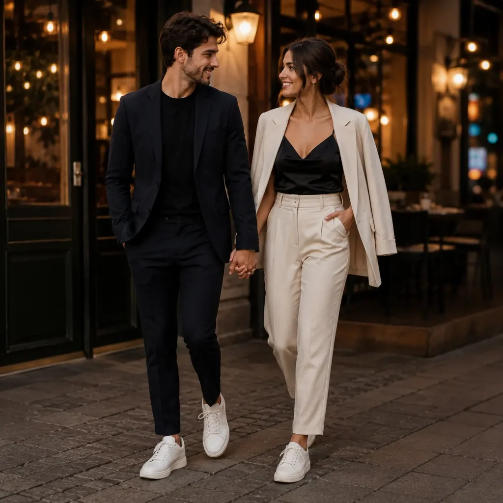 Stylish couple wearing sneakers with polished evening outfits while walking outside a warmly lit café.
