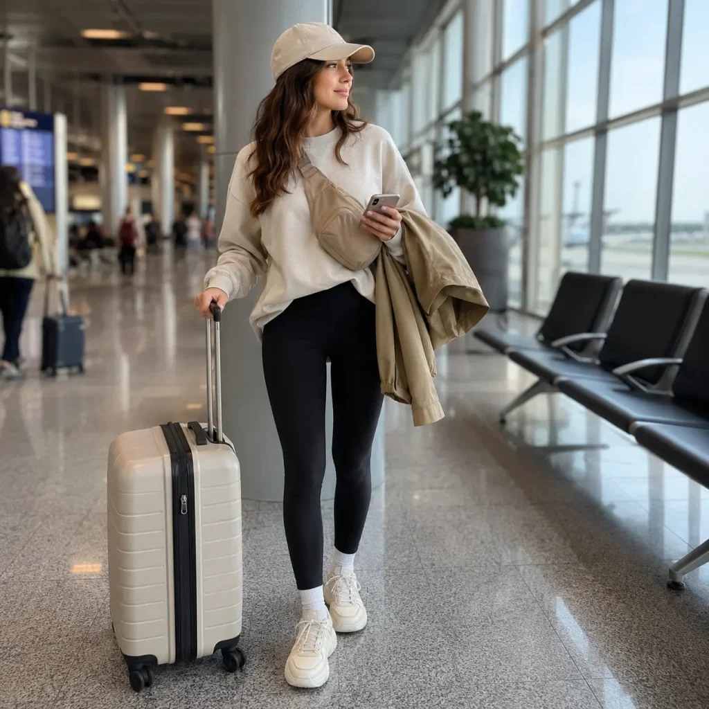 Woman wearing white sneakers with a cream sweatshirt and black leggings while walking through an airport with luggage.