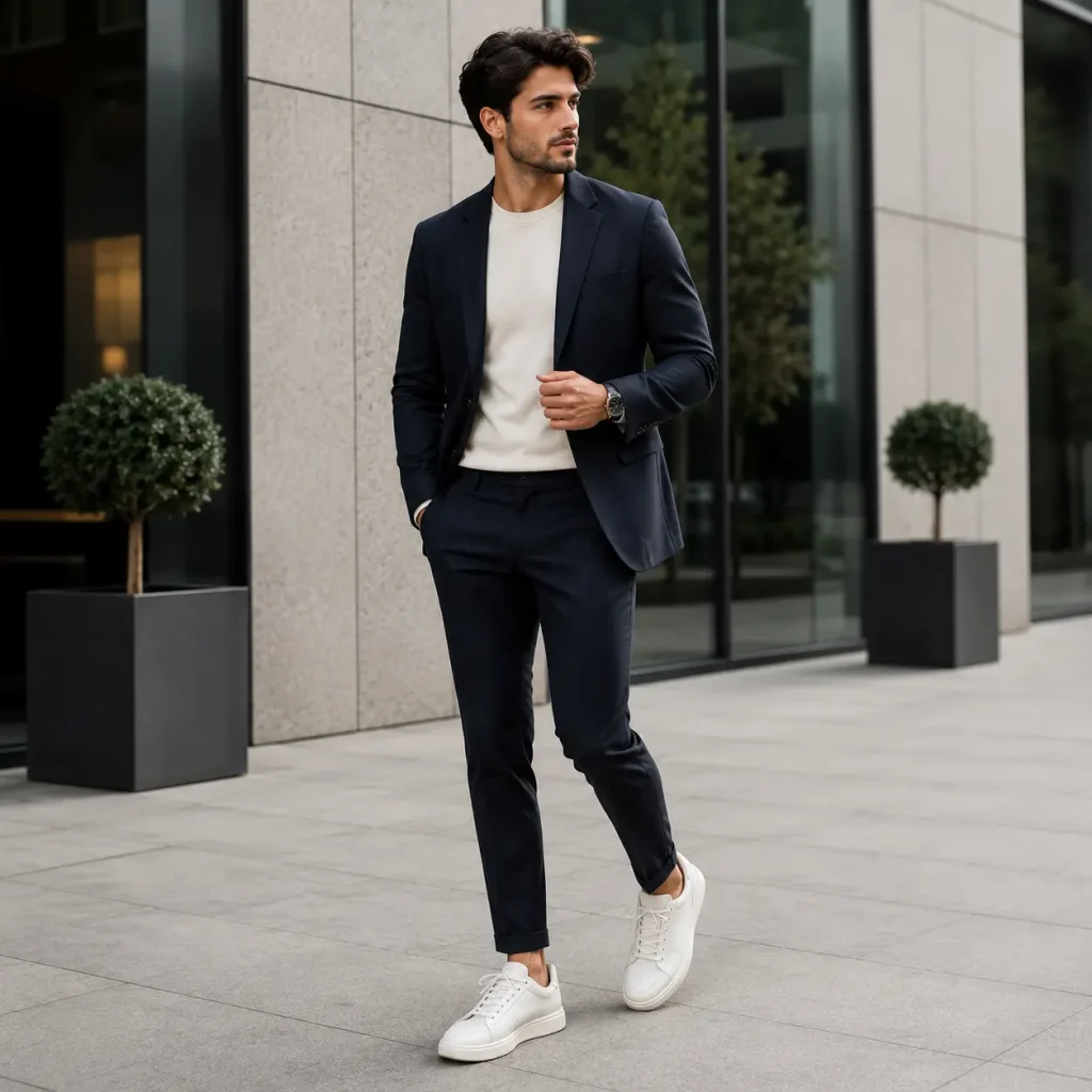 Man wearing a navy blazer, tailored trousers, cream sweater, and white sneakers for a polished semi-formal outfit.