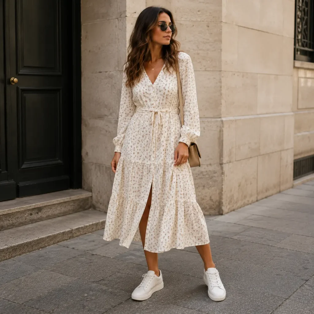 Woman wearing white sneakers with a cream floral midi dress and shoulder bag