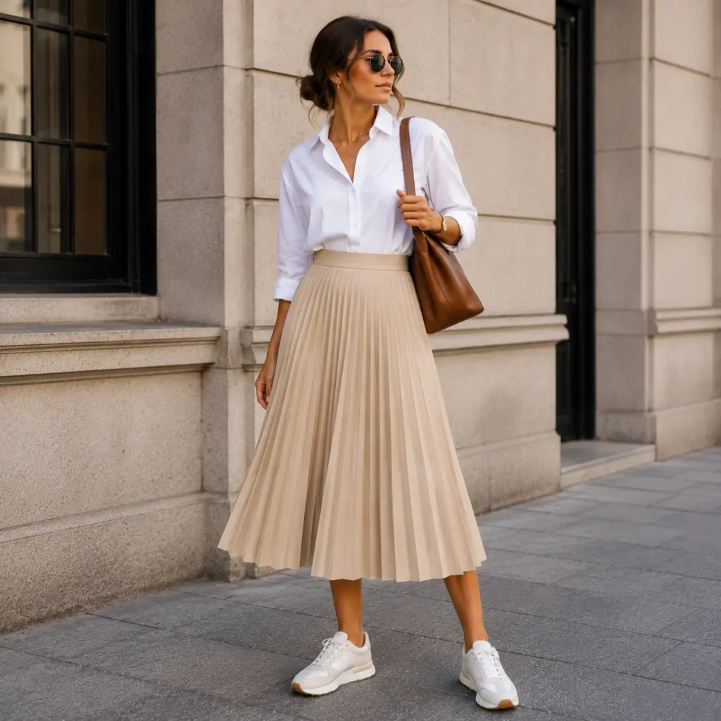 Woman wearing white sneakers with a pleated beige midi skirt and white shirt