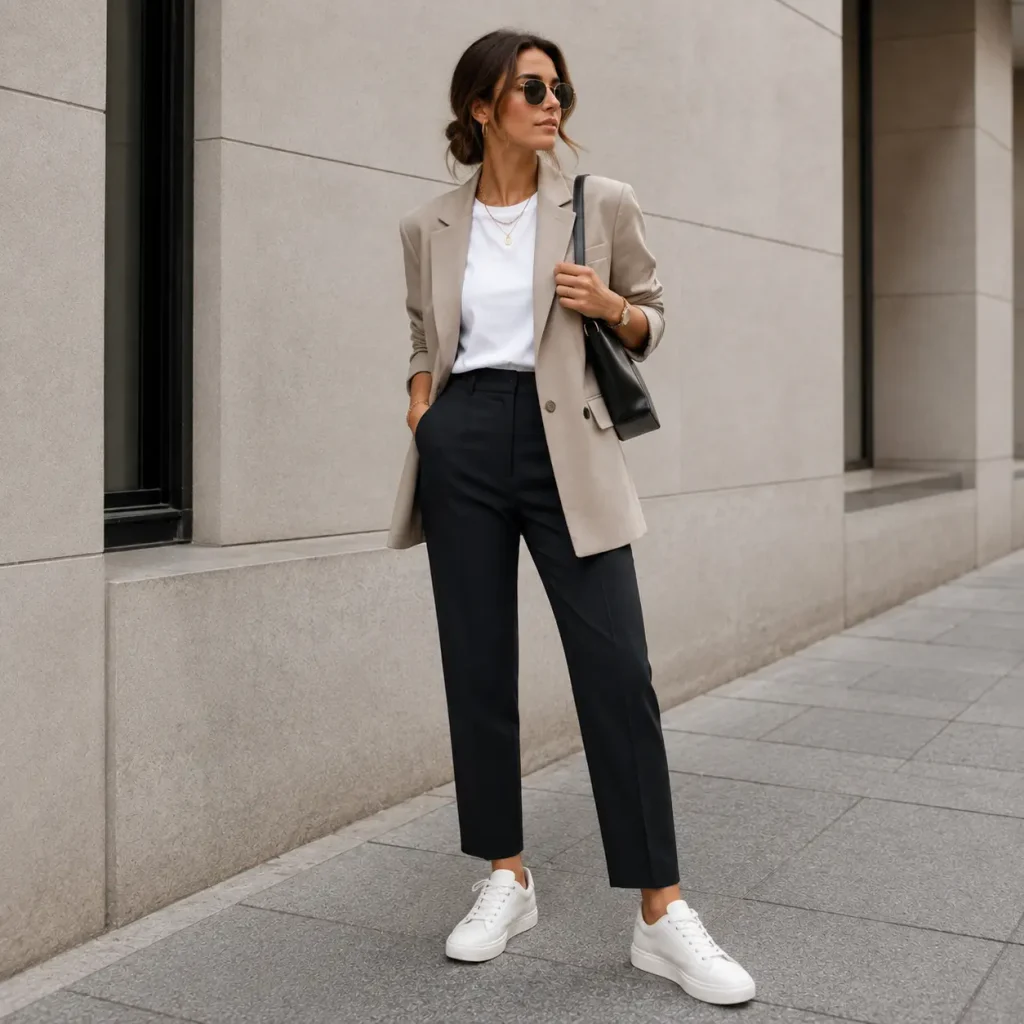 Woman styling white sneakers with a tailored beige blazer and black trousers