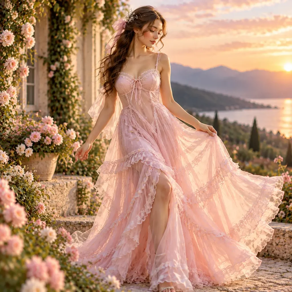 Soft pink slip dress with delicate lace trim and flowing skirt in a romantic sunset garden