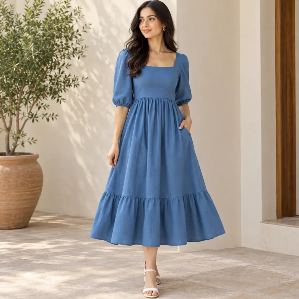 Solid blue cotton midi dress with a relaxed fit and elegant minimalist style