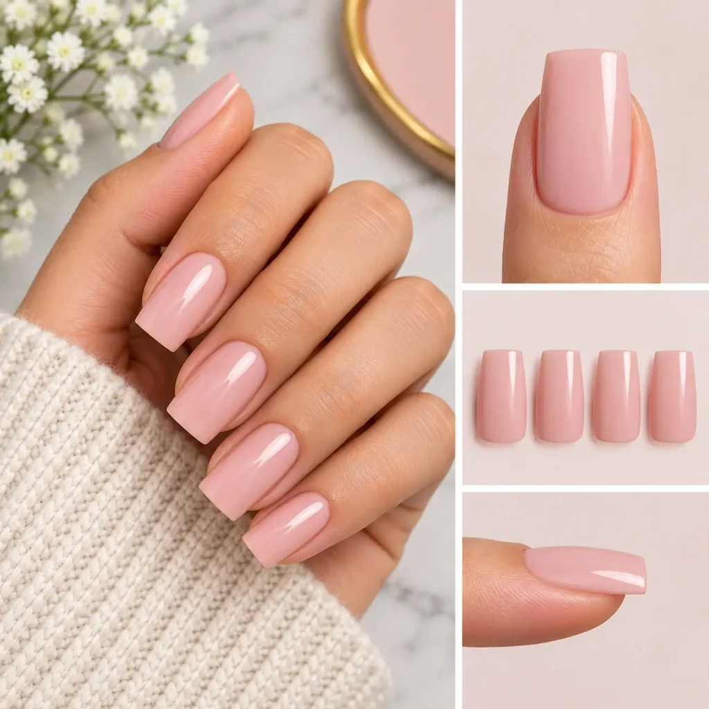 Glossy nude-pink square-shaped nails with straight edges and flat tips