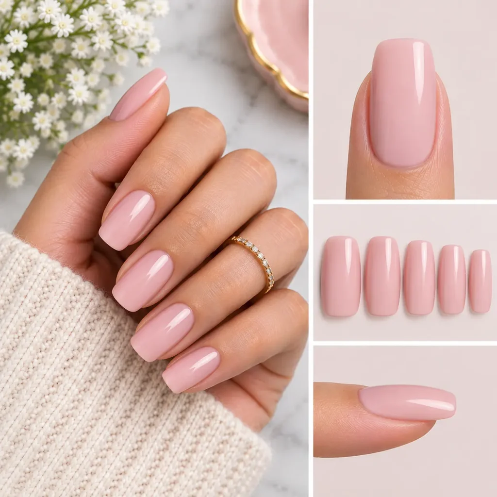 Glossy pink squoval nails with rounded corners and straight edges