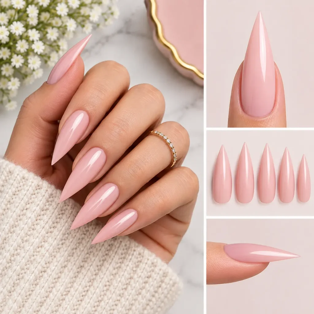 Long glossy pink stiletto nails with sharp pointed tips