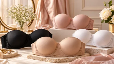 Collection of supportive strapless bras for large breasts in nude, black, blush and white, featuring molded cups and secure wide bands.