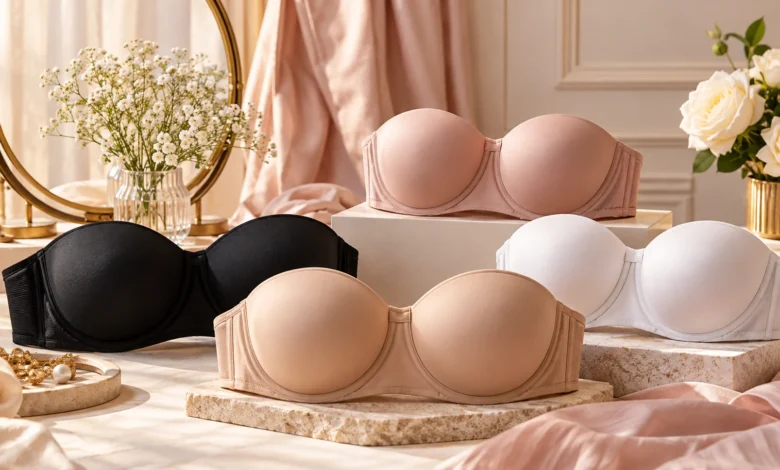 Collection of supportive strapless bras for large breasts in nude, black, blush and white, featuring molded cups and secure wide bands.