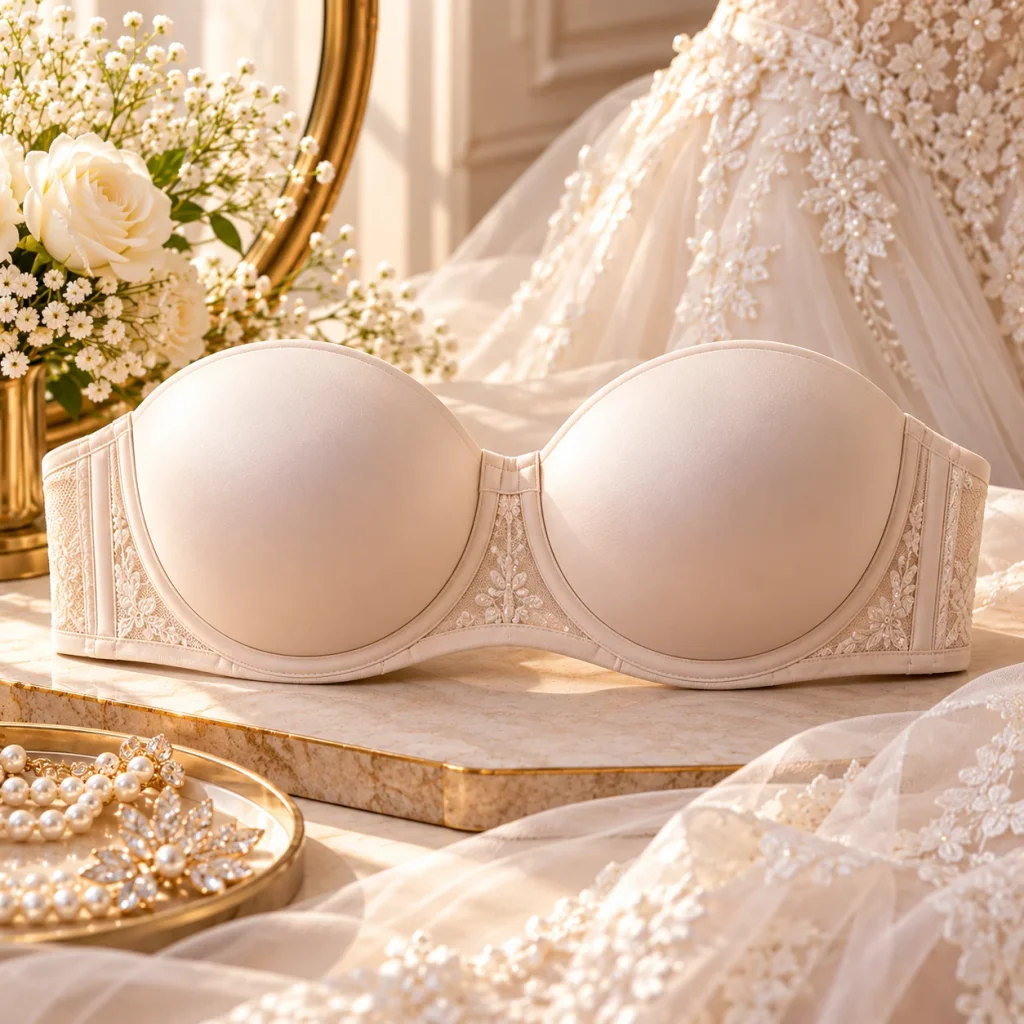 Ivory strapless bridal bra with molded cups and supportive construction styled with wedding lace and pearls.