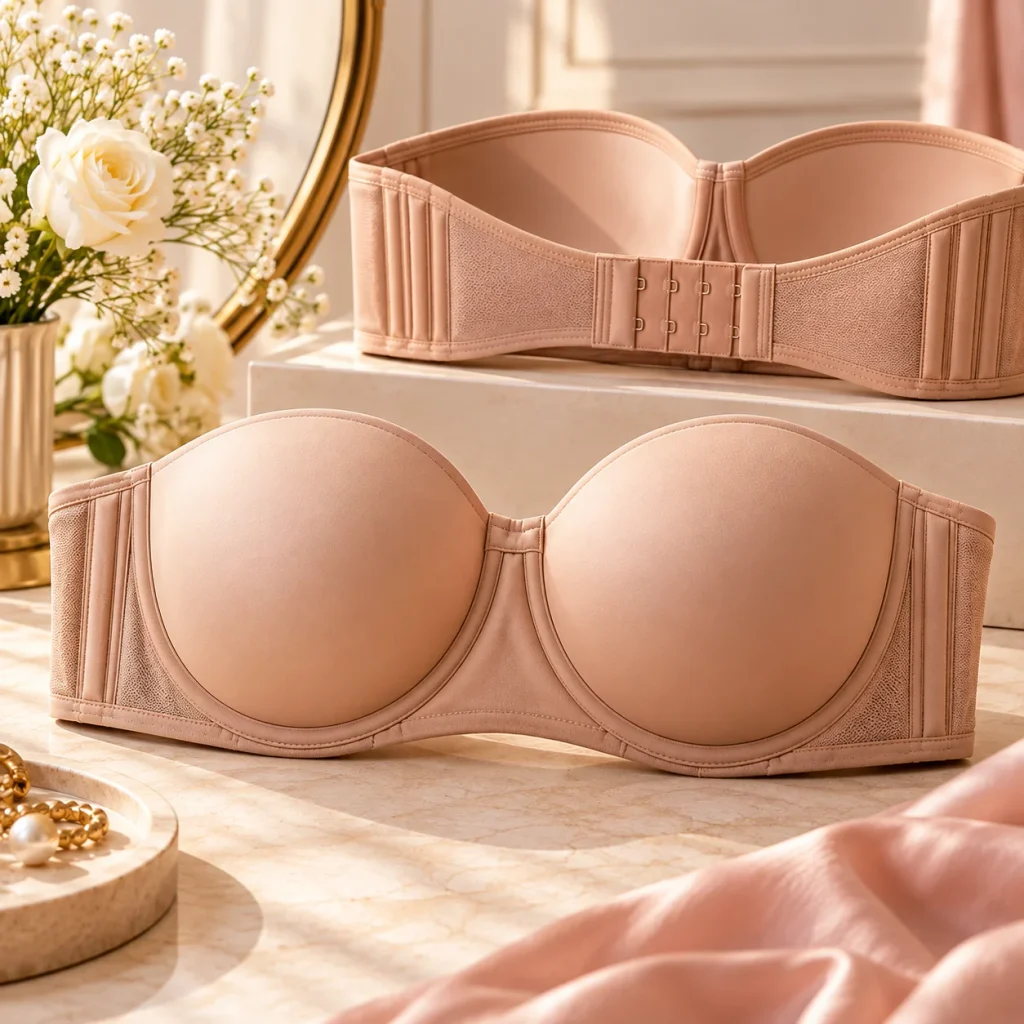 Nude strapless bra with structured side boning, molded cups and wide supportive band for fuller busts.
