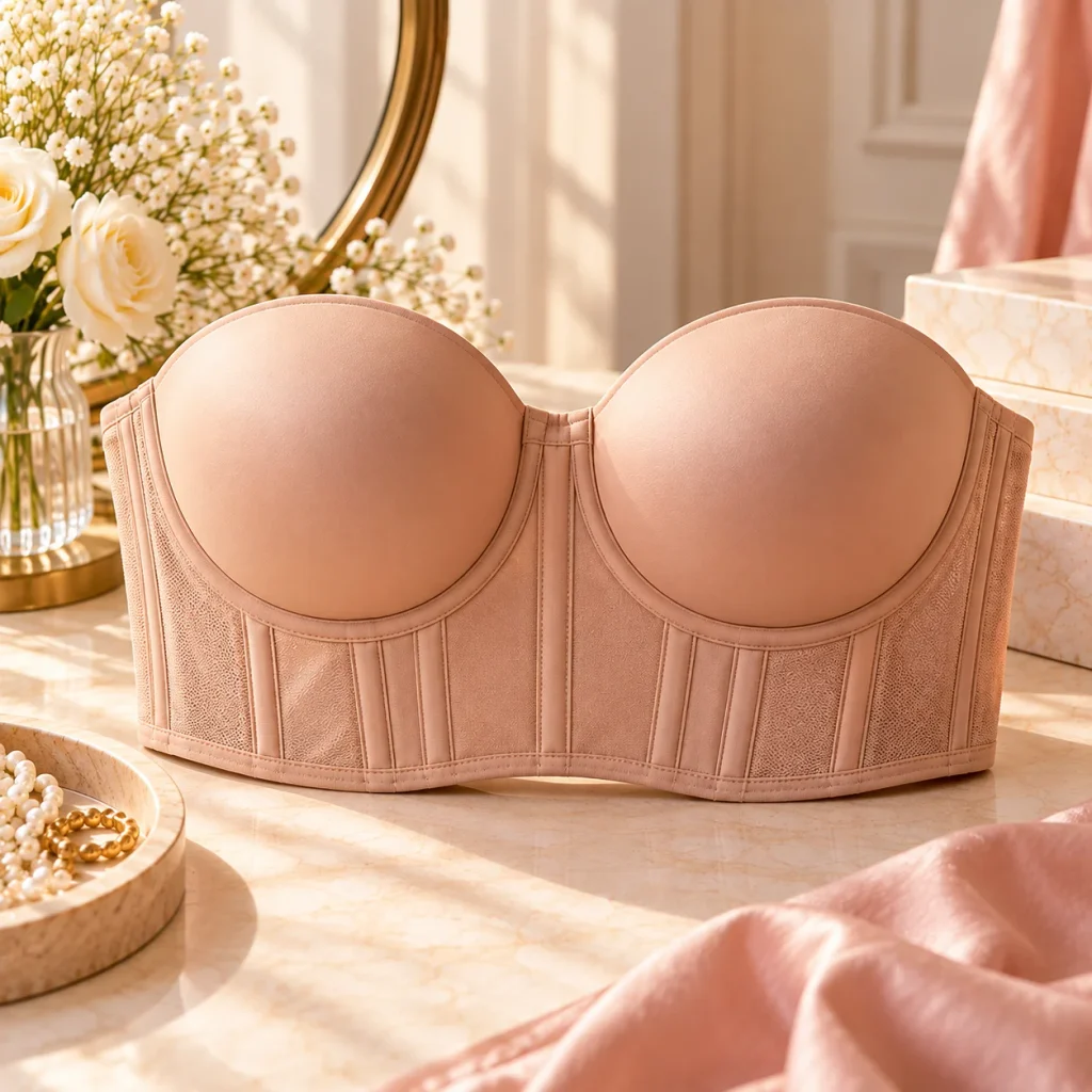 Nude strapless longline bustier bra with molded cups, structured boning and extended supportive band.