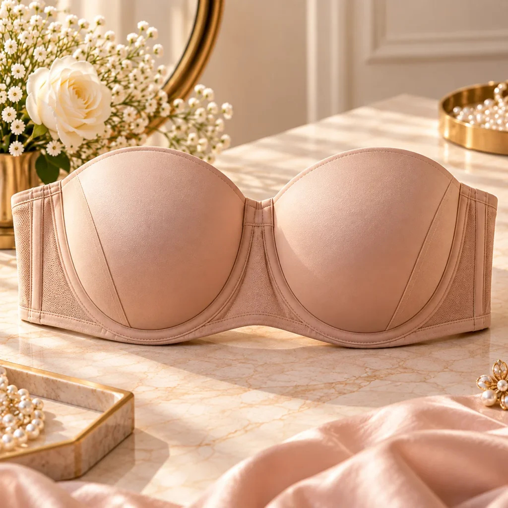 Nude strapless minimizer bra with full-coverage molded cups, underwire support and structured side panels.
