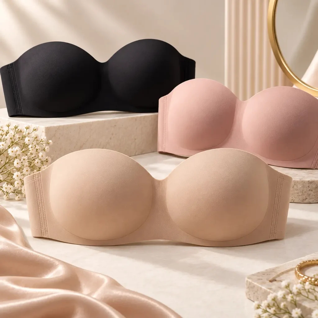 Nude strapless seamless bra with smooth molded cups