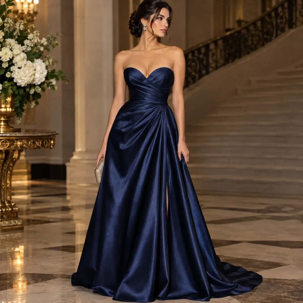 Elegant strapless sweetheart evening gown in navy satin with a flowing floor-length skirt
