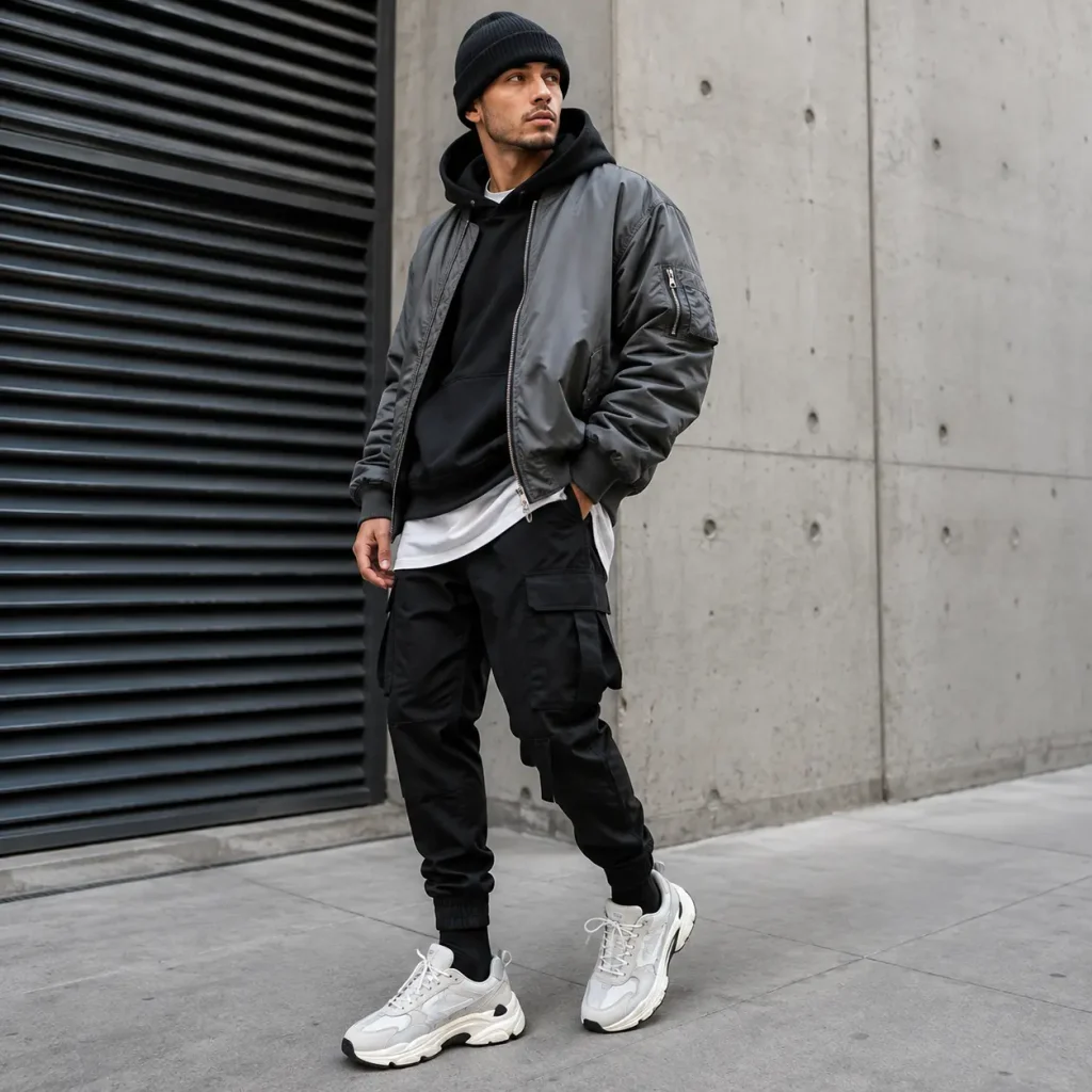 Man wearing a layered hoodie, bomber jacket, cargo pants, and chunky sneakers for a modern streetwear look.
